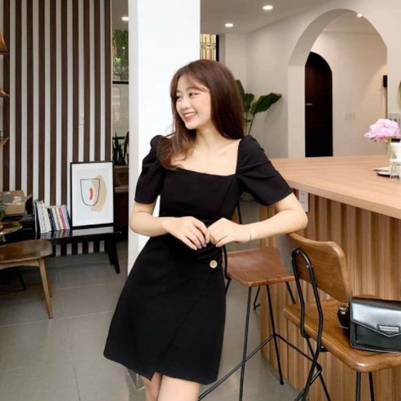 Đầm Cổ Vuông ⚡️FREESHIP⚡️ Dáng Xòe Tà Chéo Nút Gỗ | BigBuy360 - bigbuy360.vn