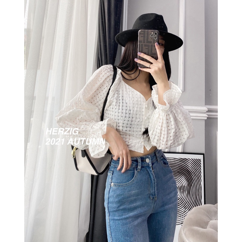 Áo sơ mi croptop dài tay hoạ tiết ren lỗ cổ V - A3187
