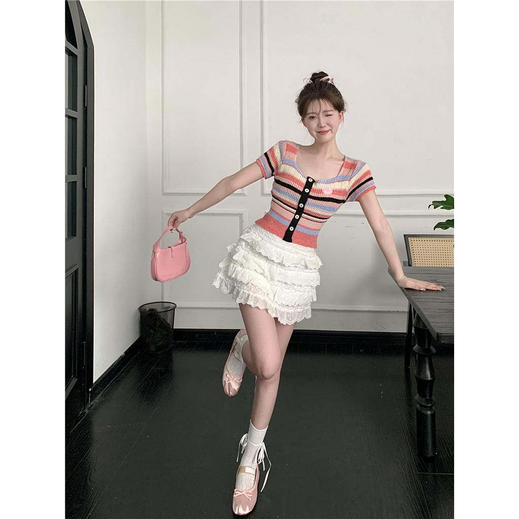 Áo Thun Dệt Kim Kẻ Sọc Cầu Vồng Thời Trang Mùa Hè Mỹ 64015