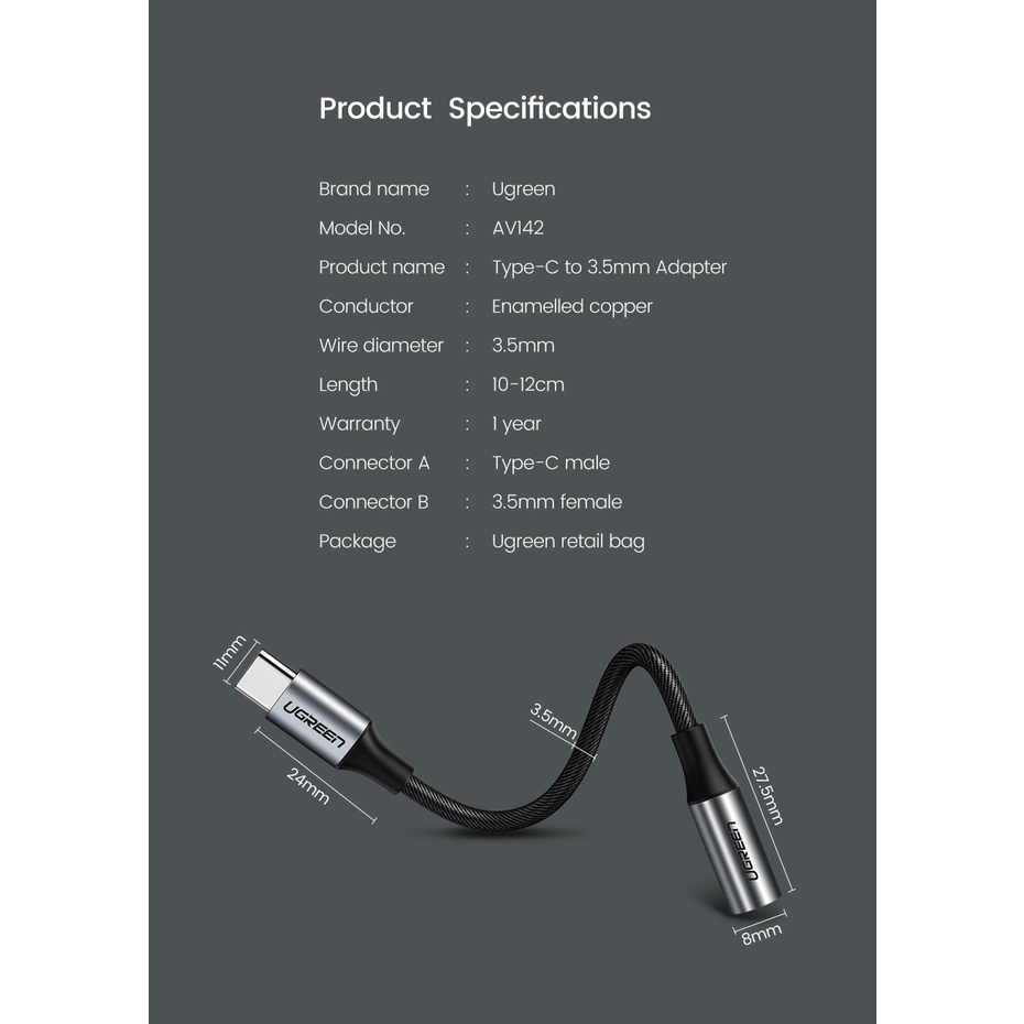 Ugreen Dây Cáp Âm Thanh Chuyển Đổi Từ Cổng Type C 3.5mm Sang Cổng 3.5mm Cho Xiaomi Mi 10 9