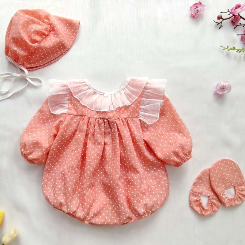 [ẢNH THẬT] Bodychip váy, Bodysuit thiết kế màu hồng cam cho bé gái (tặng kèm mũ và bao chân)