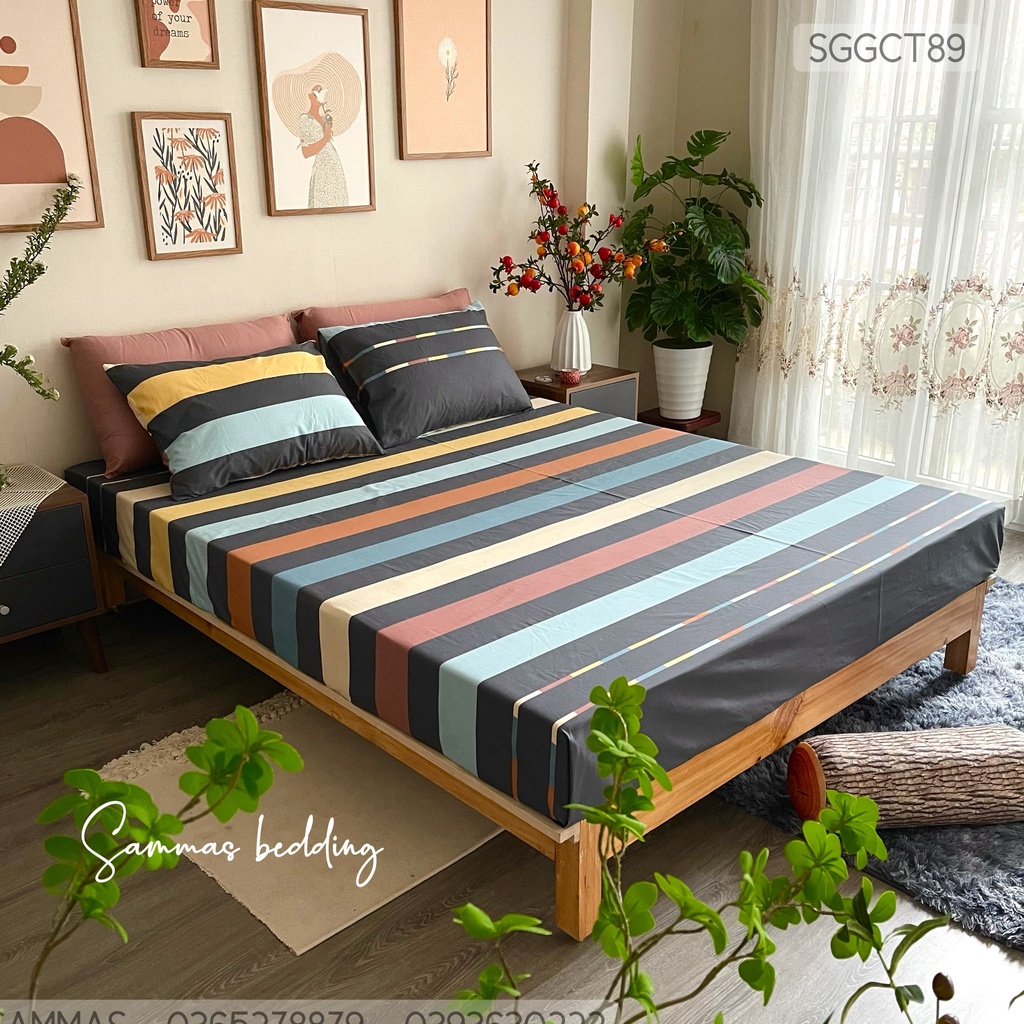 Drap Giường Cotton Họa Tiết Kẻ, Bộ Ga Giường 3 Món