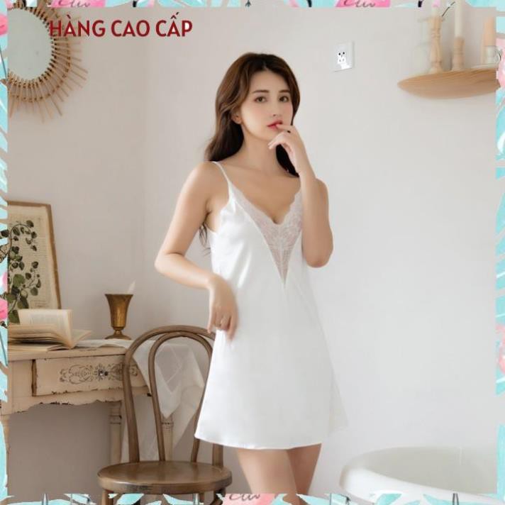 Đầm ngủ lụa sexy Váy ngủ hai dây phối ren ngực ren lưng quyến rũ với màu trắng tinh khôi Thư Thư [HÀNG CAO CẤP]