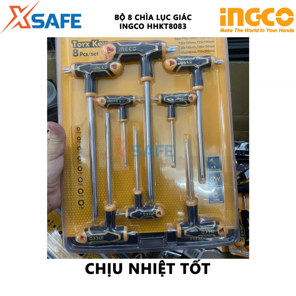 Bộ 8 chìa lục giác tay cầm chữ T INGCO HHKT8083 Bộ lục giác 8 chi tiết, chất liệu CR-V, chịu nhiệt, được mạ thép chrome