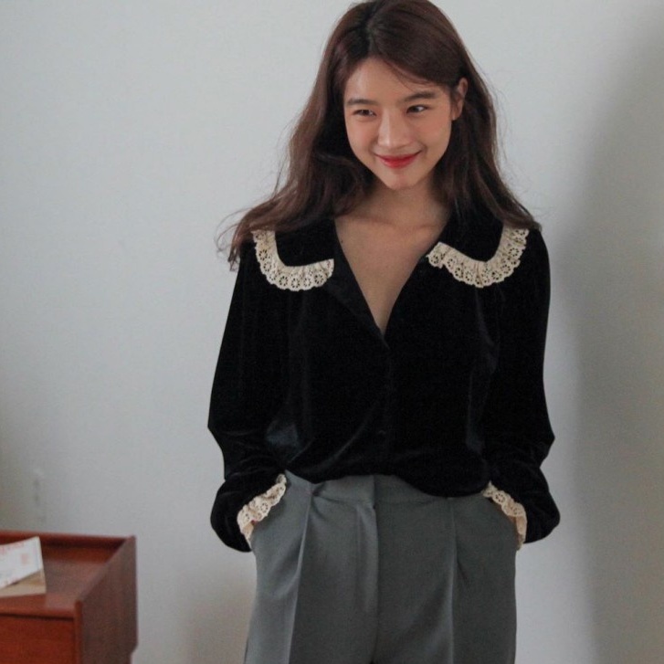 Áo sơ mi SUXI tay dài vải nhung phong cách Hàn Quốc mới cho nữ