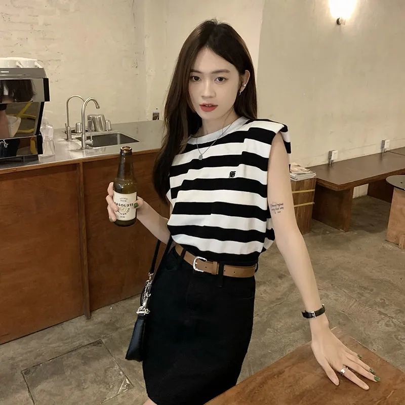 Áo Thun Không Tay Dáng Rộng Họa Tiết Kẻ Sọc Thiết Kế Mới Thời Trang Mùa Hè Dành Cho Nữ