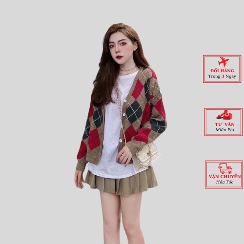 Áo Cardigan Dệt Kim Tay Dài Cổ Chữ V Họa Tiết Hình Thoi Quả Trám Phong Cách Hàn Quốc thời trang nữ yolo fashion