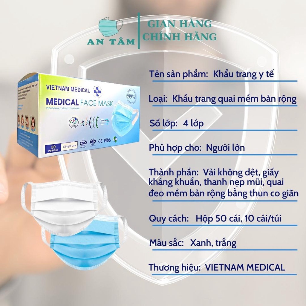 3 Hộp Khẩu Trang Y Tế Vietnam Medical 4 Lớp, Kháng Khuẩn, Không Đau Tai