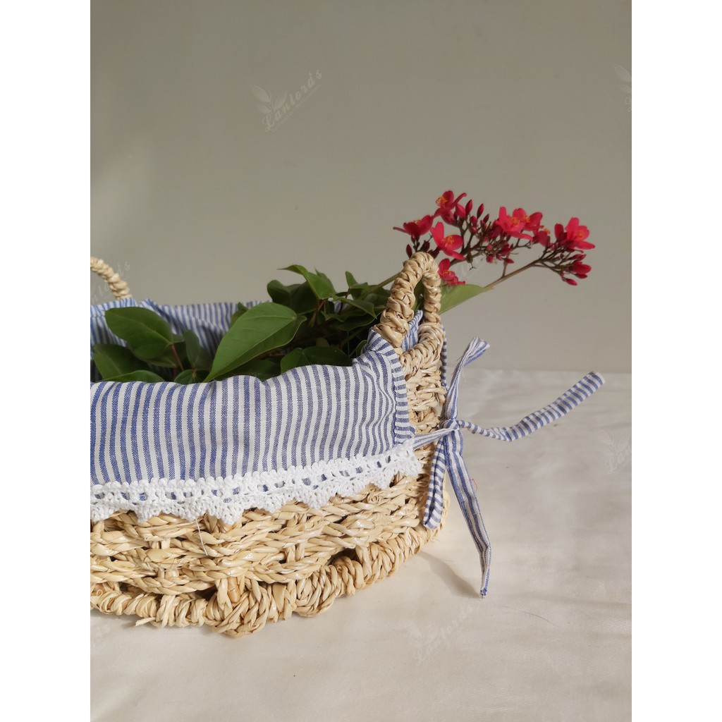Khay cói tròn có quai kèm vải lót cotton, giỏ đan từ sợi buông hàng VN, hình thật shop chụp