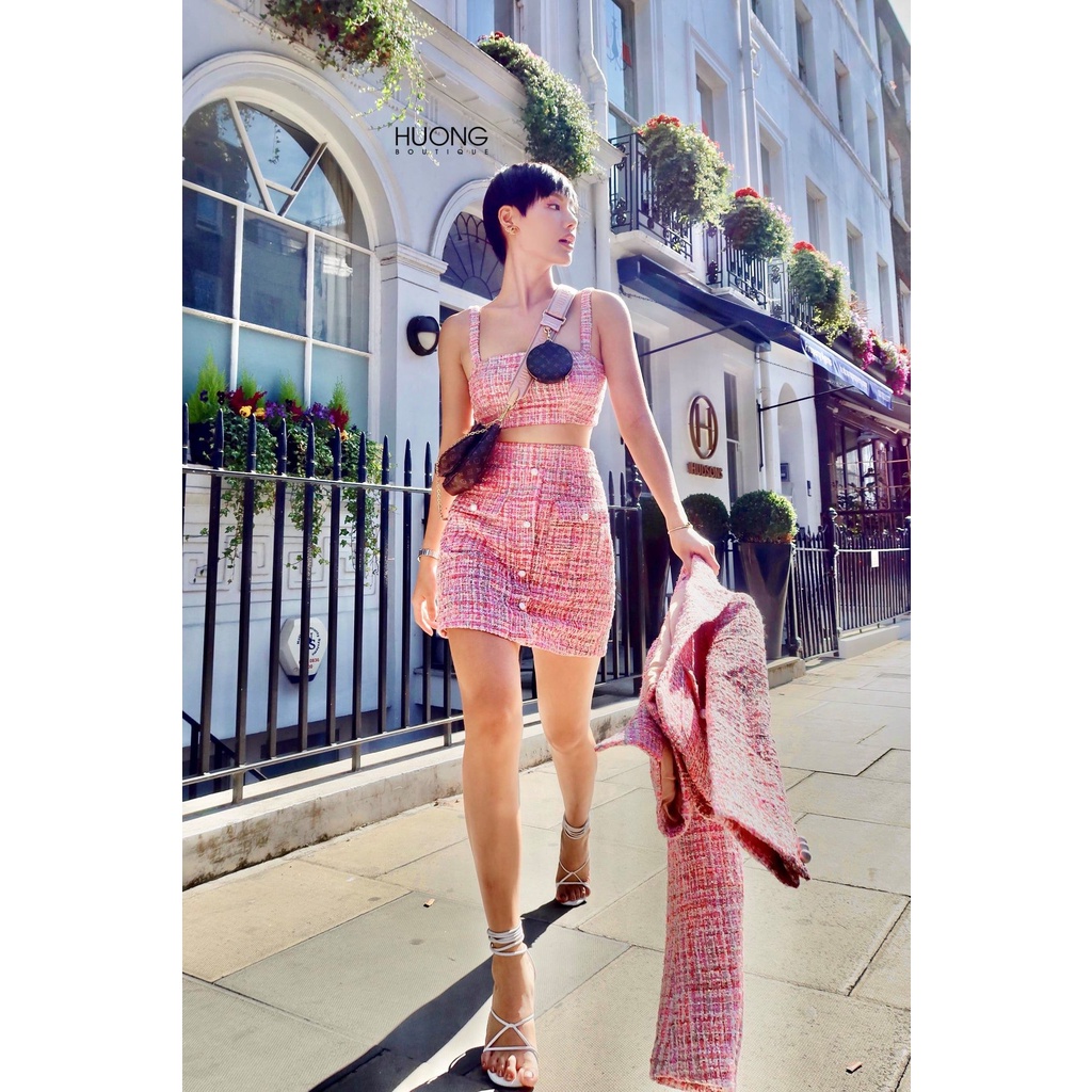 Set áo vest tweet hồng, áo bra và chân váy chữ A HUONG BOUTIQUE HBVEST83