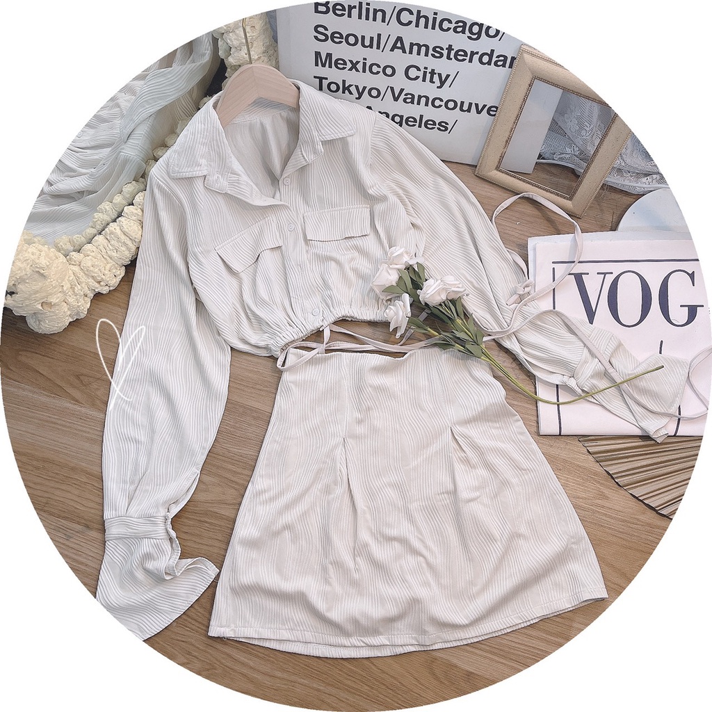 Set áo sơ mi tay dài chân váy cột dây VIBES