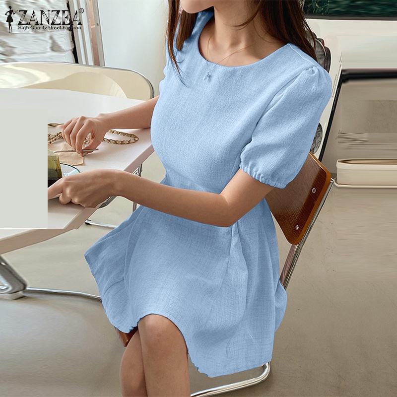 Đầm ZANZEA tay ngắn khóa kéo thời trang phong cách hàn quốc cho nữ