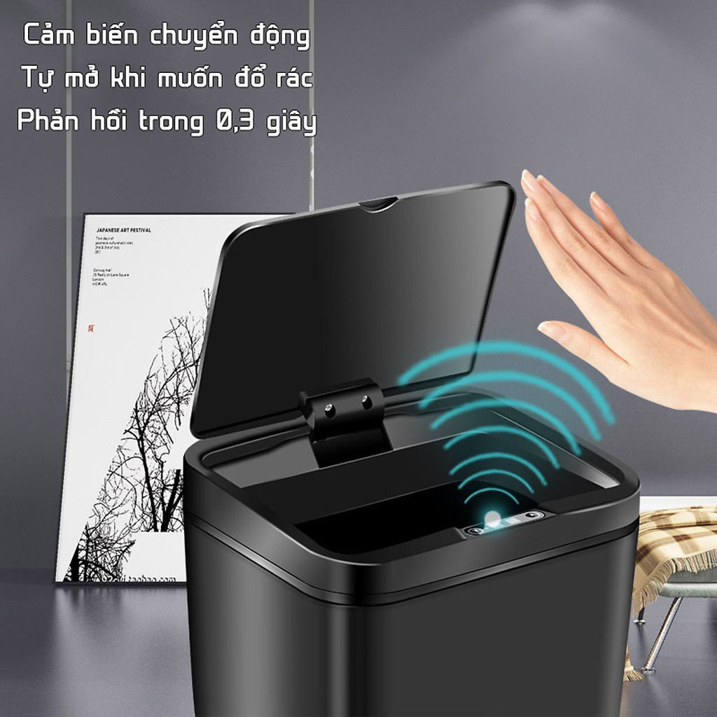 Thùng rác cảm ứng SMART BIN - Thùng rác thông minh dung tích 16L - 14L - 12L kèm pin 2XAA sạc lại được mẫu 2021