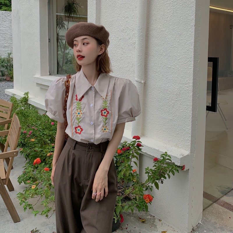 Áo Sơ Mi Tay Phồng Ngắn Dáng Rộng Thêu Họa Tiết Kiểu retro Pháp Xinh Xắn Cho Nữ