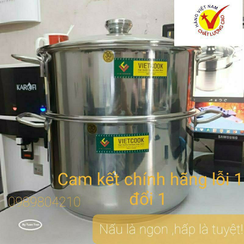 (Video Sp)Bộ nồi xửng hấp inox ,xửng hấp inox 2 tầng nắp kính và nắp inox đáy từ Vietcook size 24,26,28,30,32 chõ đồ xôi