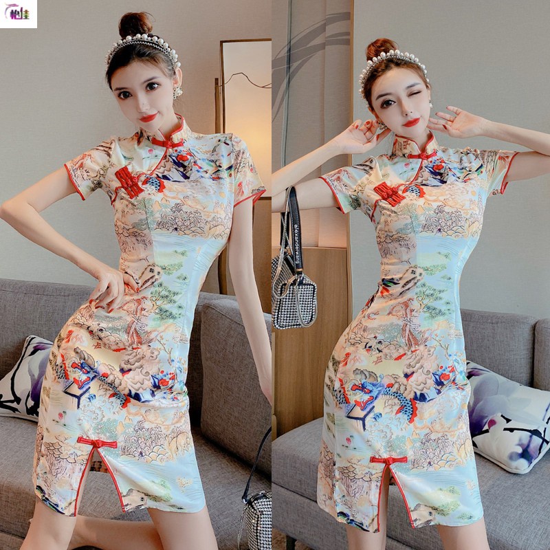 Đầm sườn xám cách tân tay ngắn in hoa phong cách Trung Hoa cổ điển thời trang cho nữ