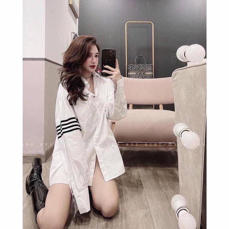 Áo Sơ Mi Thơm Sọc Tay Form Thụng Sơmi Nữ Trắng Thêu Gấu Xịn Sò Ullzzang Hot 2022