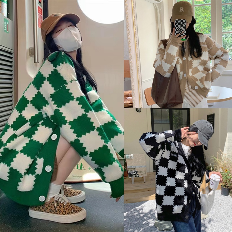 Áo cardigan len nữ họa tiết ô vuông bàn cờ ziczac Quảng châu dày dặn khoác ngoài form rộng màu xanh lá đen Kozoda AC47