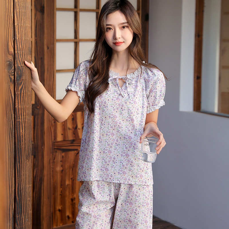 Bộ Đồ Ngủ Tay Ngắn Hai Lớp Bằng Vải Cotton Họa Tiết Hoa Thời Trang Mùa Hè Mới Dành Cho Bạn Nữ