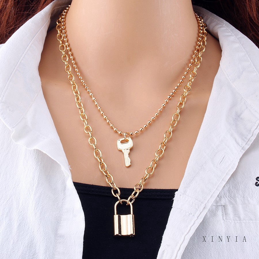 Dây Chuyền Nhiều Lớp Mặt Hình Ổ Khóa Phong Cách Retro