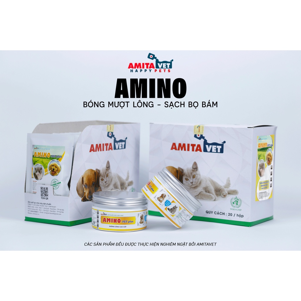 Dưỡng lông cho chó mèo AMINO-PET Plus 35g từ AMITAVET giúp thú cưng bóng mượt lông kích thích mọc lông từ bên trong
