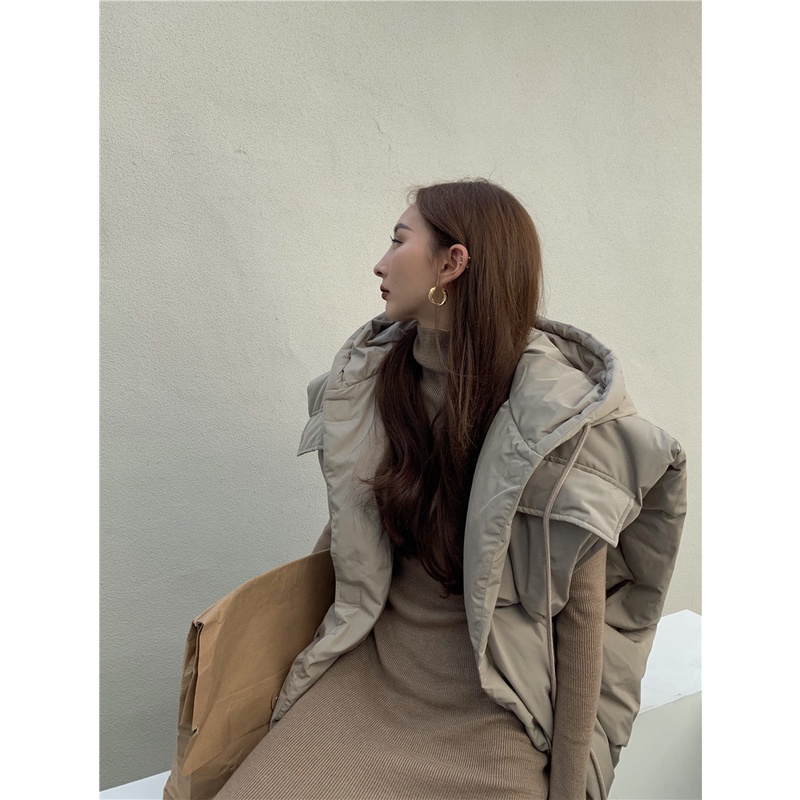 Áo khoác cotton không tay có mũ trùm đầu cổ đứng dáng rộng/Đầm dài dệt kim phong cách Hàn Quốc thời trang | BigBuy360 - bigbuy360.vn