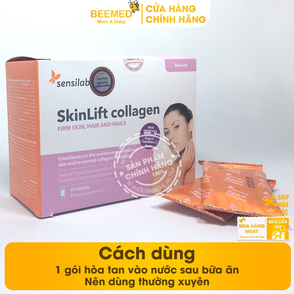 Hỗ trợ đẹp da, chống não hóa SkinLift Collagen hộp 15 gói Xóa tuổi thật nhờ tuổi da - từ Collagen, quả việt quất, vtm C