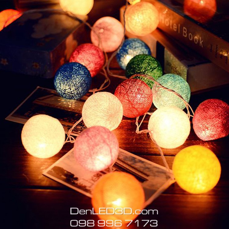 Dây Đèn LED Bóng Cotton Ball Cỡ Lớn Dài 3m, 20 Bóng Nhiều Màu