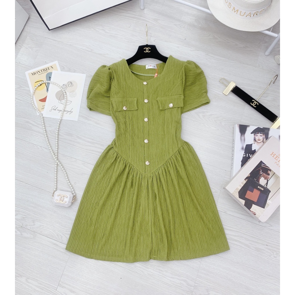 Váy li cúc nhún eo e về màu xanh cốm cúc đồng kẻm ảnh thật trải sàn