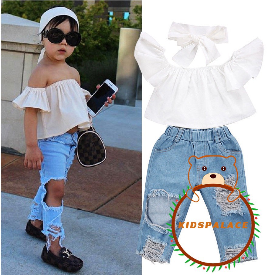 Set áo trễ vai + quần rách denim kèm băng đô thời trang cho bé gái