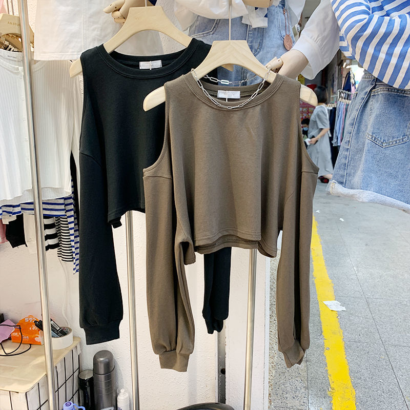 good- Women's Long Sleeve Crank Hollow Monochrome Autumn New Style Korean Fashion Top