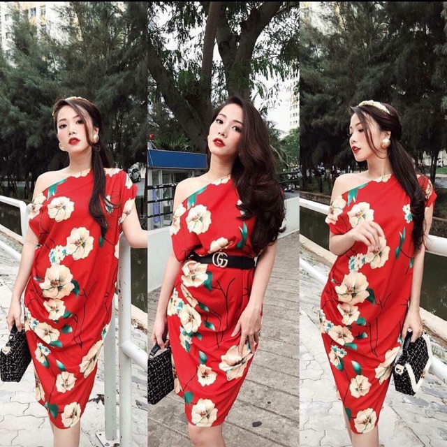 Đầm hoa đỏ trễ vai