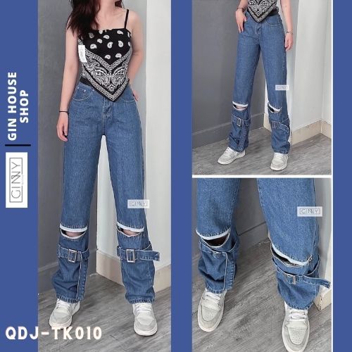 Quần jean baggy ống rộng khóa gối TK-010 GINHOUSESHOP trendy ống rộng siêu đẹp