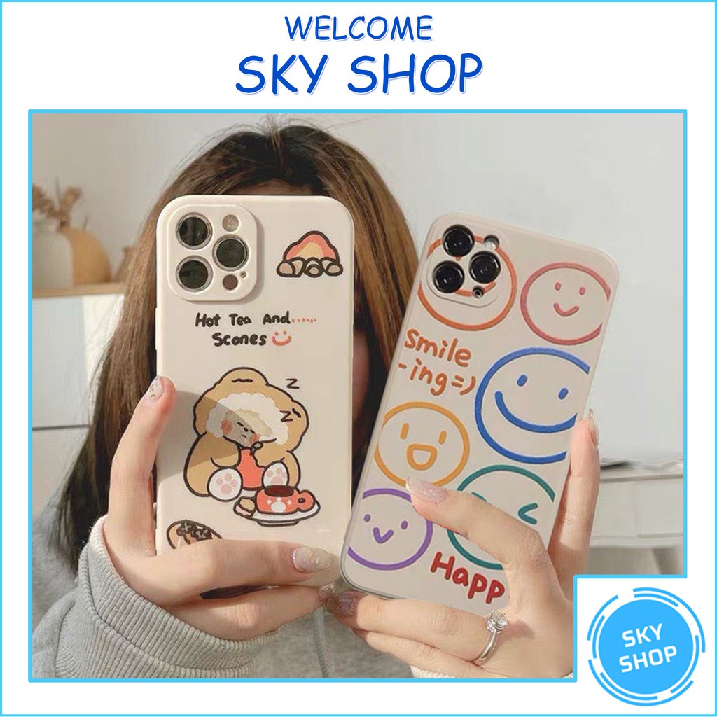 Ốp lưng iphone cạnh vuông Gấu Ngủ Gật và Icon Smile 6/6plus/6s/6splus/7/7plus/8/8plus/x/xr/xs/11/12/pro/max/plus/promax