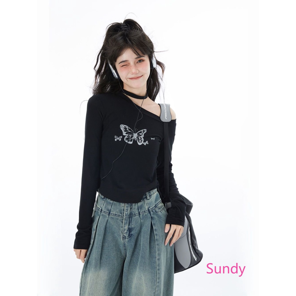 Áo Thun Tay Dài Trễ Vai In Họa Tiết Bướm Thời Trang Mùa Thu Phong Cách Hàn Quốc Cho Nữ