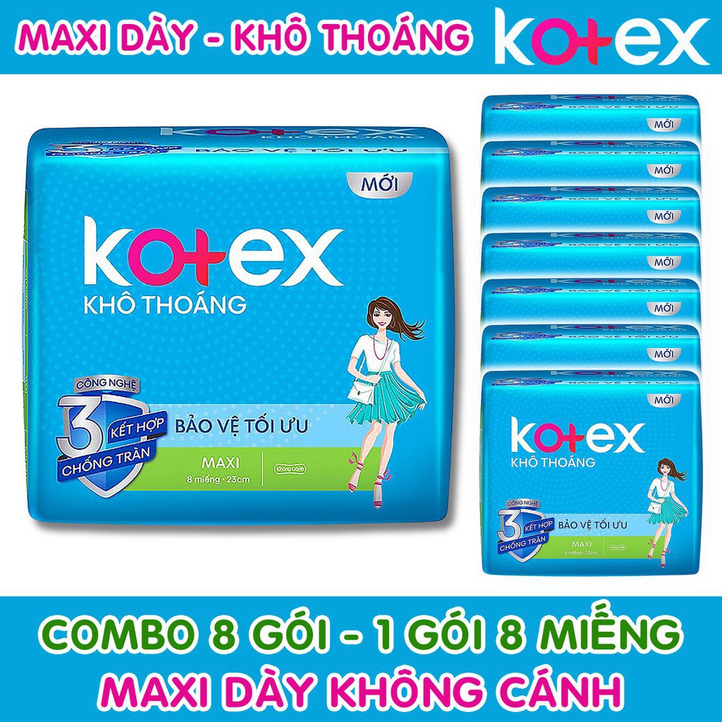 Combo 8 gói BVS Kotex Maxi Dày Không Cánh 23cm (1 gói 8 Miếng)