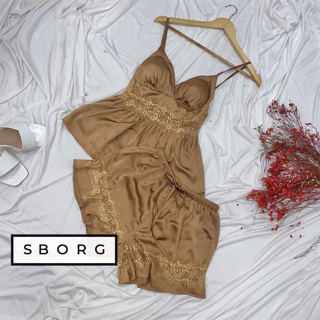 Đồ ngủ 2 dây SBORG Đồ bộ mặc nhà lụa latin cao cấp viền bèo ren mi quần đùi có nơ sexy freesize 55kg quà tặng vợ