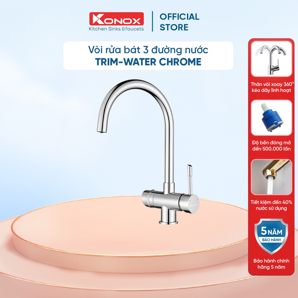 Vòi rửa bát 3 đường nước KONOX Trim-water hợp kim đồng 61% tiêu chuẩn Châu Âu CW617N, bề mặt xử lý công nghệ PVD Chrome