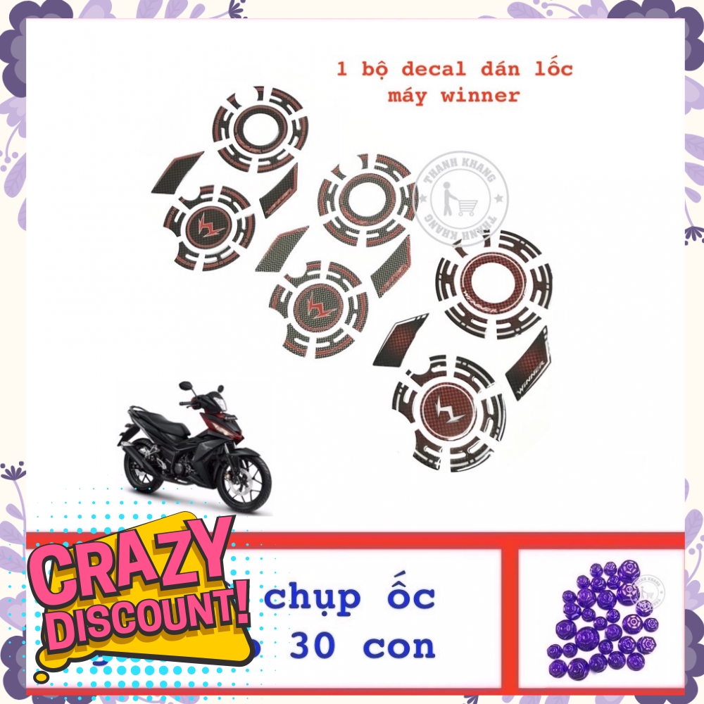 Decal 3D dán lốc máy WINNER 150 thanh khang màu đỏ tặng bộ chụp ốc trang trí màu tím 006000963  006000563