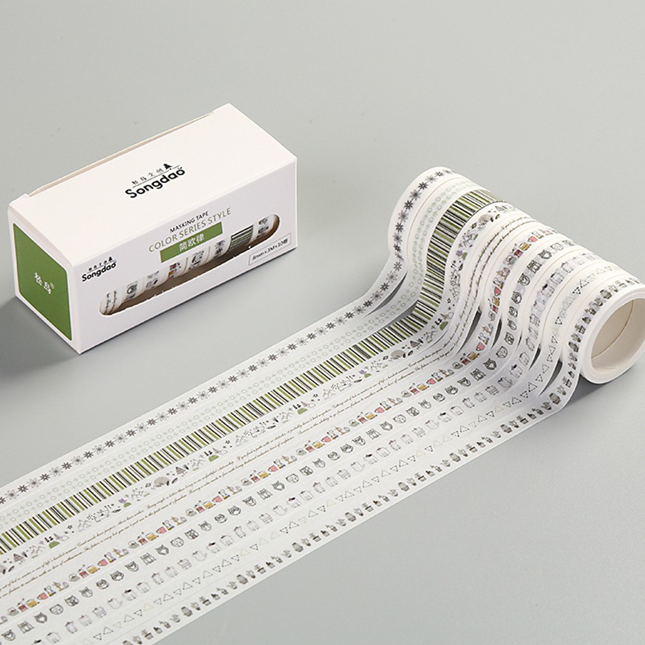 <Video Review> Set 10 Cuộn Băng Keo Dính Washi Tape Họa Tiết Cute Trang Trí Sổ Tay Nhật Kí Khay Đựng Bút D171