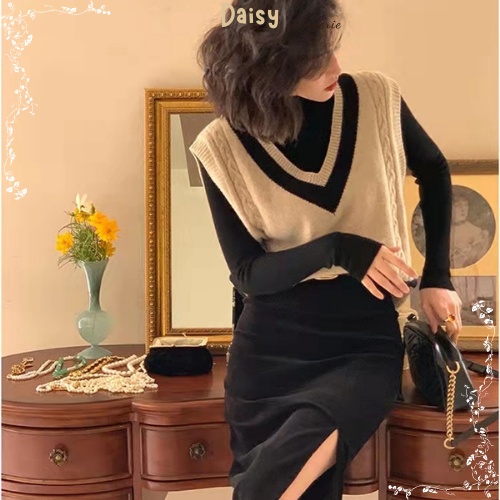 [SP Tốt,Hỏa Tốc] Áo Ghile Len Nữ Màu Trắng Nâu Áo Ghile Không Tay Màu Trơn Viền Sọc Ở Cổ - Mã AOL004