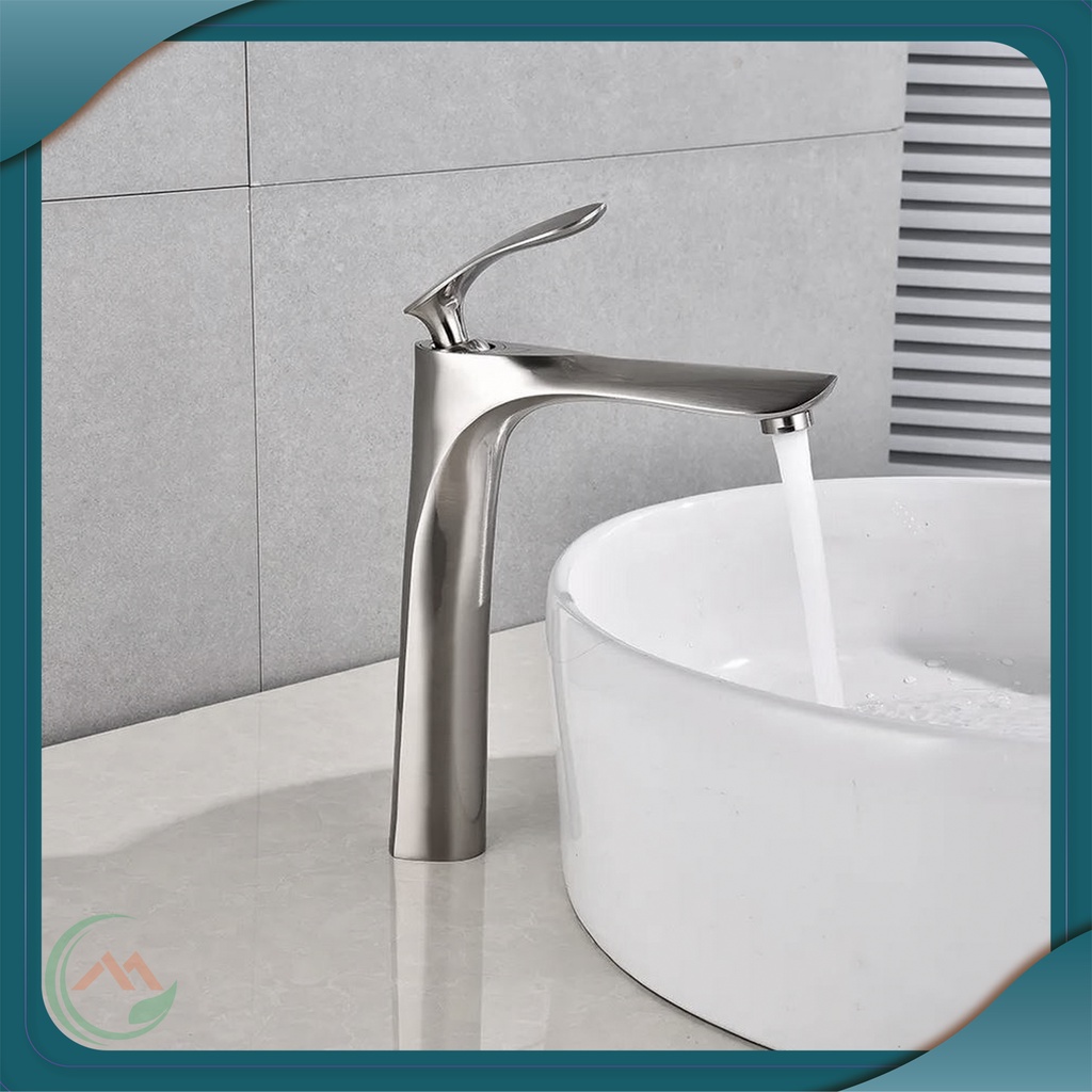 Vòi lavabo, bồn rửa mặt nóng lạnh kiểu dáng lá liễu bằng đồng mạ inox (tặng kèm dây cấp nước nóng lạnh)