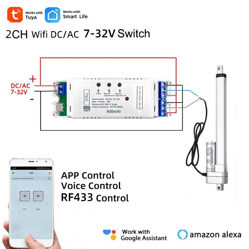 Module WiFi RF Tuya 12V 2CH đảo chiều động cơ piston AC - DC bằng điều khiển cầm tay hoặc điện thoại smartphone