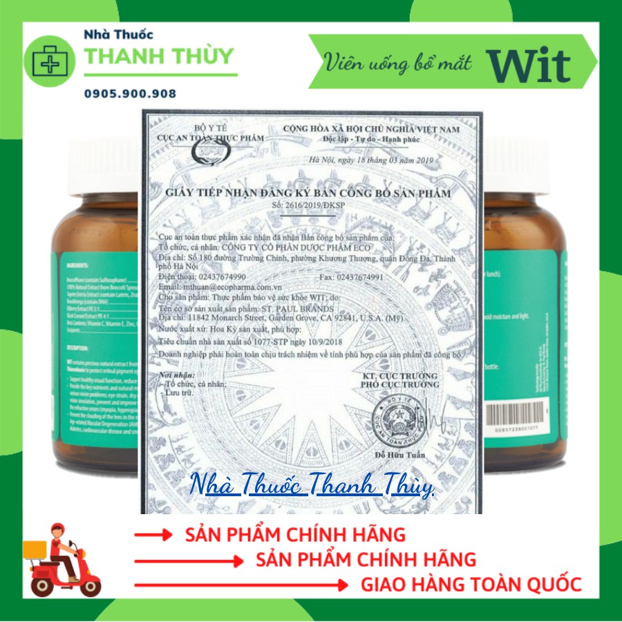 WIT, Viên Uống Bổ Mắt, Bảo Vệ Võng Mạc Và Thủy TinhThể, Giảm Mờ, Mỏi Mắt, Chai 30 Viên