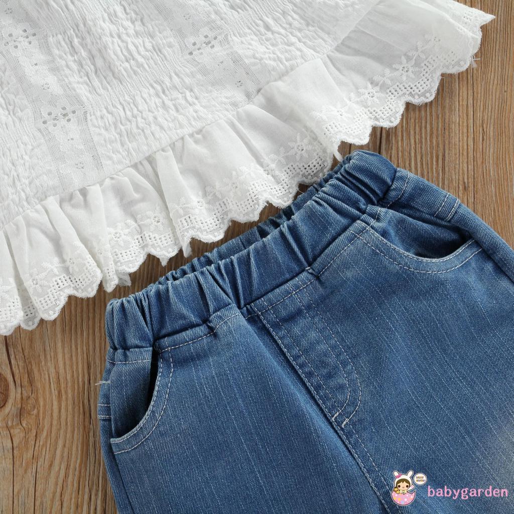 Set Đồ 2 Món Áo Tay Ngắn Màu Trơn Phối Ren + Quần Denim Thời Trang Cho Bé Gái 1-6 Tuổi