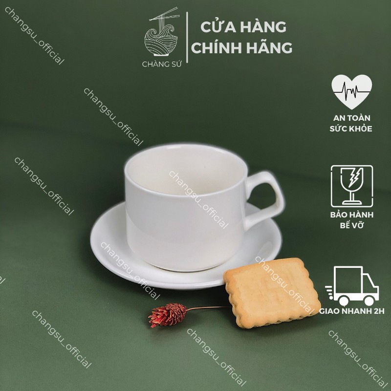 Tách trà, cafe trắng trơn và đĩa lót tách sứ Minh Châu bày tiệc, nhà hàng, quán nước