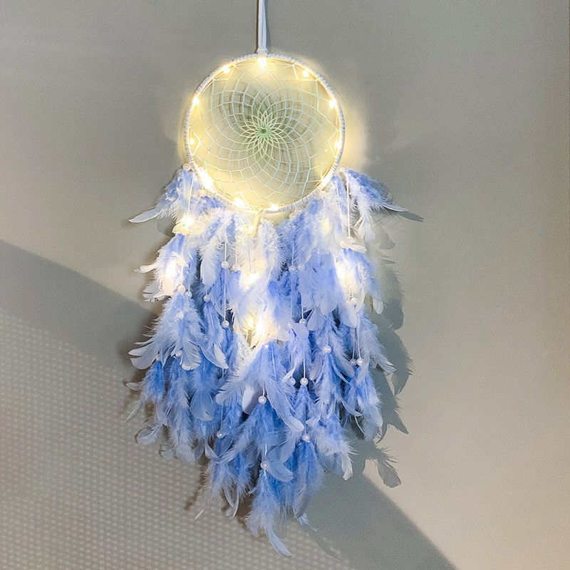 Đồ treo trang trí phòng Dreamcatcher lông vũ tặng kèm đèn led