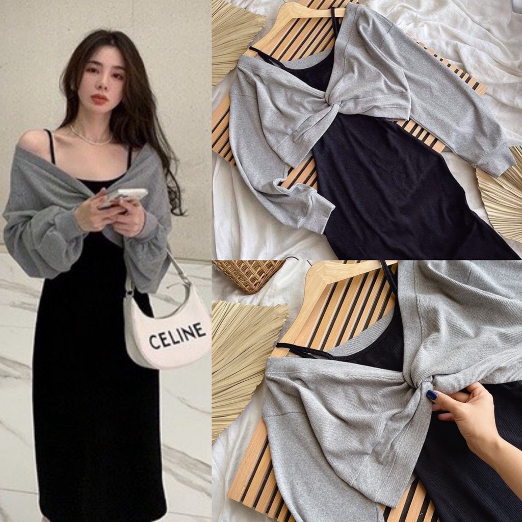 BIGSIZE_Set đầm body hai dây kèm áo khoát croptop tay dài trễ vai xoắn ngực chất thun gân