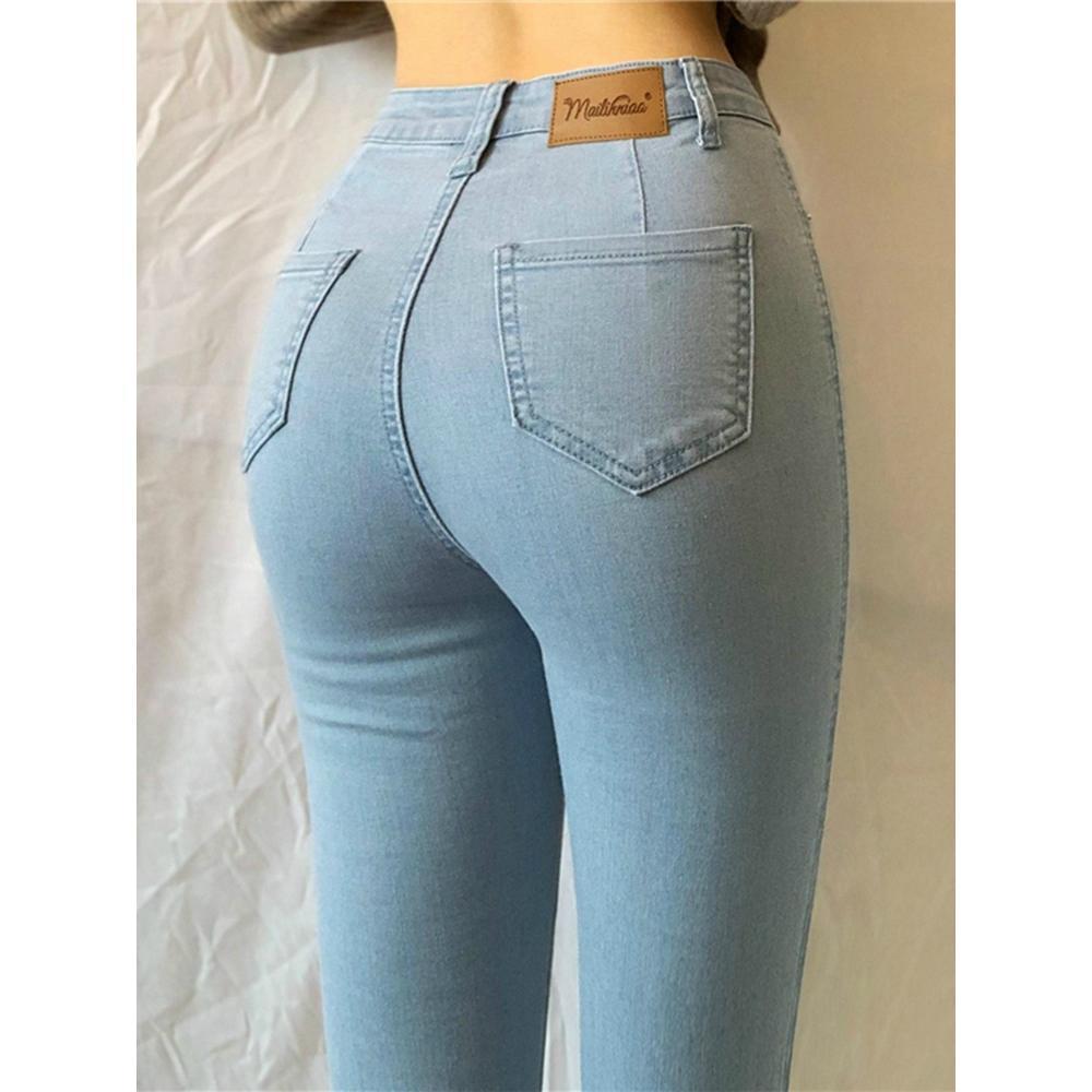 JS Women Pants Jeans Large size high waist stretch tight hips show thin wrap butt small leg European and American peach