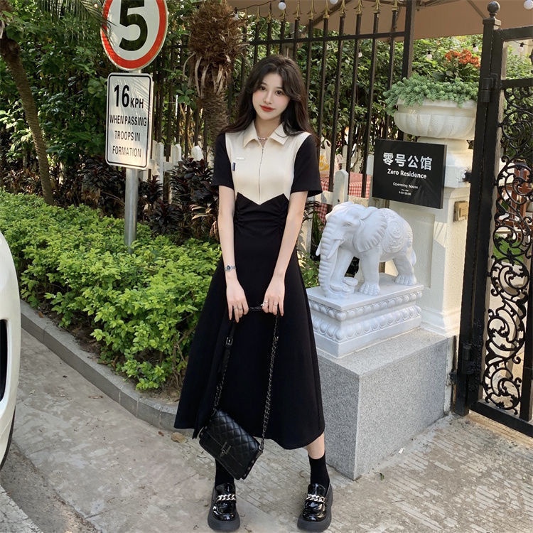 Đầm Tay Ngắn Cổ POLO Màu Sắc Tương Phản Thiết Kế Xẻ Tà Phong Cách Hàn Quốc Cho Nữ